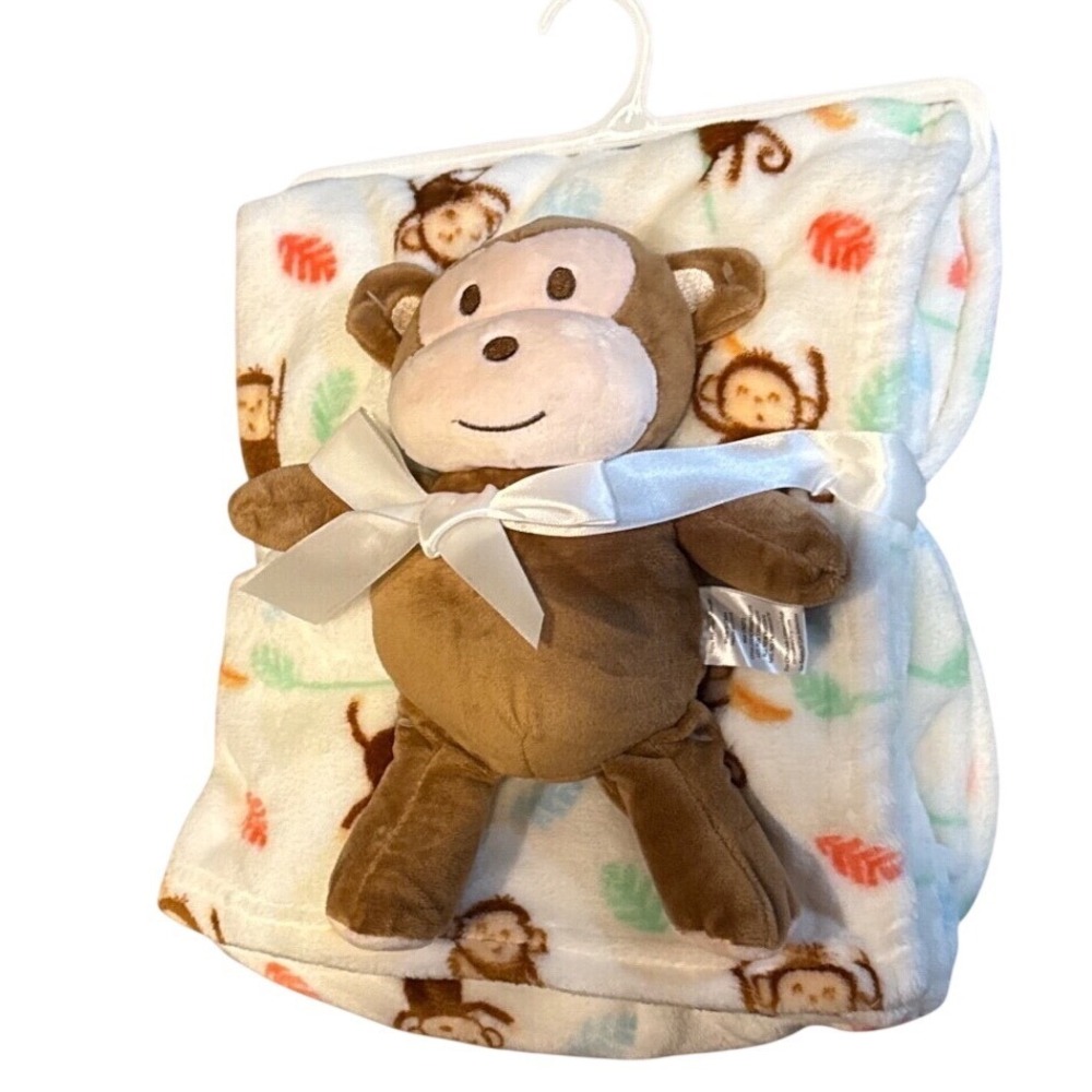Stylish Baby Monkey Blanket and Plush Newborn Gift Set Brown White 30x40 NWT